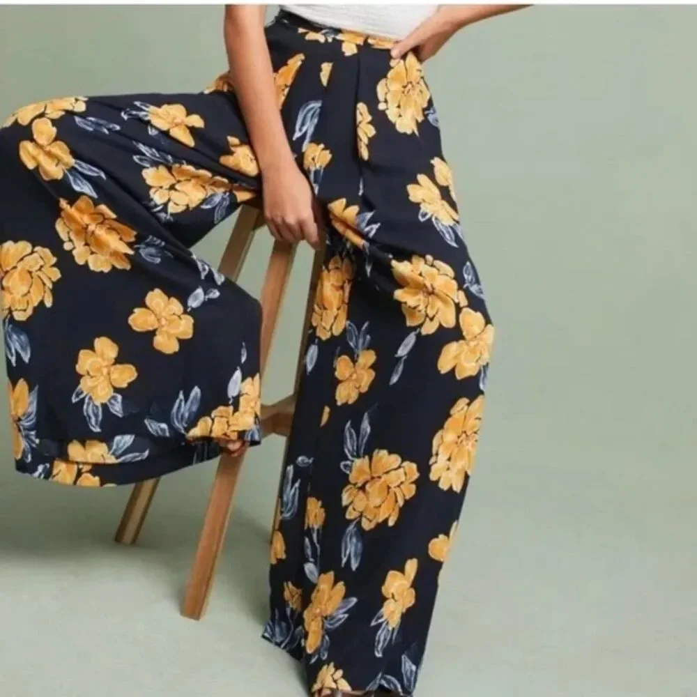 NWT Anthro Paper Crown Primrose Wide Leg Floral Pleated Pants in Blue & Yellow 8 - Picture 2 of 12